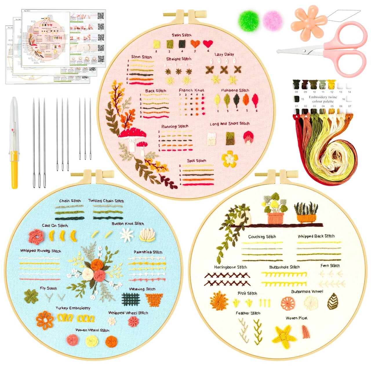3 Sets Embroidery Kit for Beginners, Embroidery Kit for Adults with Follow Instruction, Cross Stitch Kits with Wooden Embroidery Hoops (Stlye B)